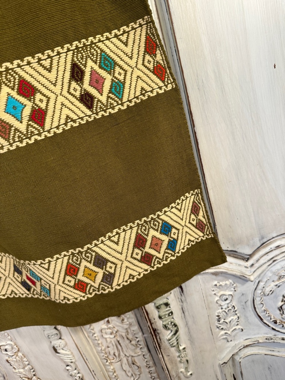 Unbranded Olive Green Woven Tote with Geometric Embroidery - Picture 2 of 6